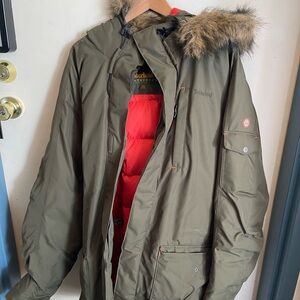 Timberland Olive Green Puffer Parka with Faux Fur Hood & Orange Lining